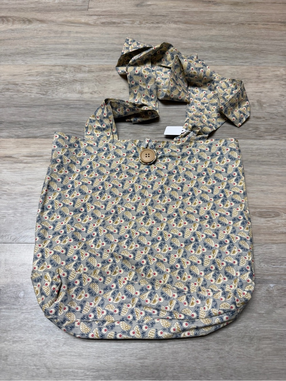 Floral Pattern Cotton Tote Bag in Beige and Blue